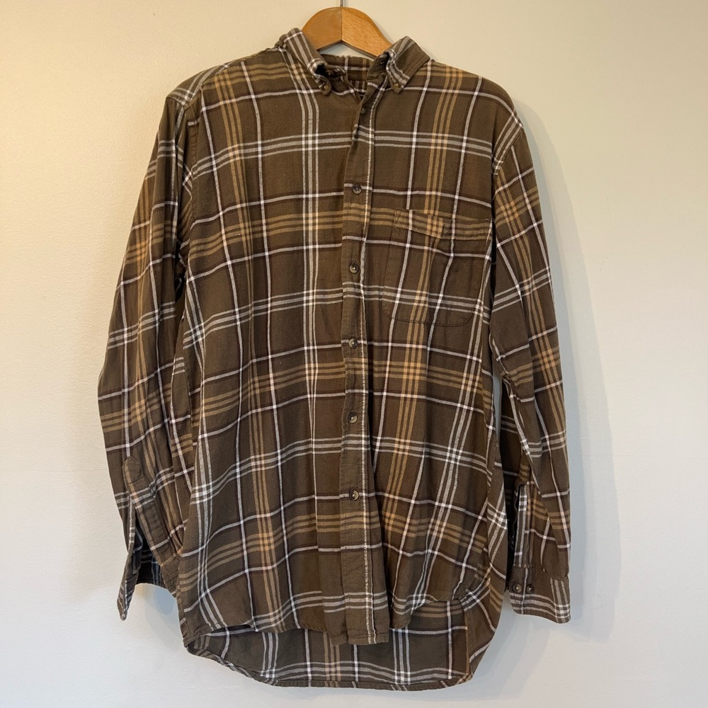 Gently Worn Men’s Size Medium Tall Brown Flannel Button Down Shirt, David Taylor